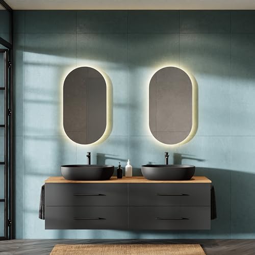 Planetmöbel LUX Badmöbel Set Waschtisch mit Unterschrank 180 cm hängend inkl. 2 Aufsatz-Waschbecken 60 cm schwarz, Waschbeckenunterschrank Gold Eiche/Anthrazit Planetmöbel LUX Badmöbel Set Waschtisch mit Unterschrank 180 cm hängend inkl. 2 Aufsatz-Waschbecken 60 cm schwarz, Waschbeckenunterschrank Gold Eiche/Anthrazit von Planetmöbel