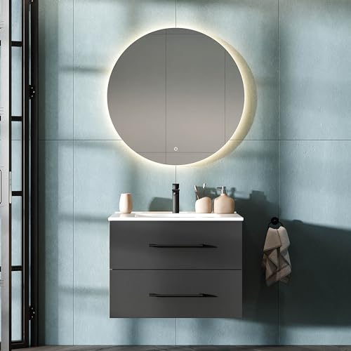 Planetmöbel LUX Badmöbel Set Waschtisch mit Waschbecken 70 cm, Spiegel mit Beleuchtung rund 80 cm (Touch-Funktion), Gold Eiche/Anthrazit von Planetmöbel