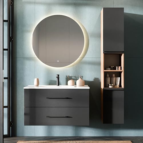 Planetmöbel LUX Badmöbel Set Waschtisch mit Waschbecken 90 cm, Spiegel mit Beleuchtung rund 80 cm (Touch-Funktion), Hochschrank 165 cm, Gold Eiche/Anthrazit von Planetmöbel