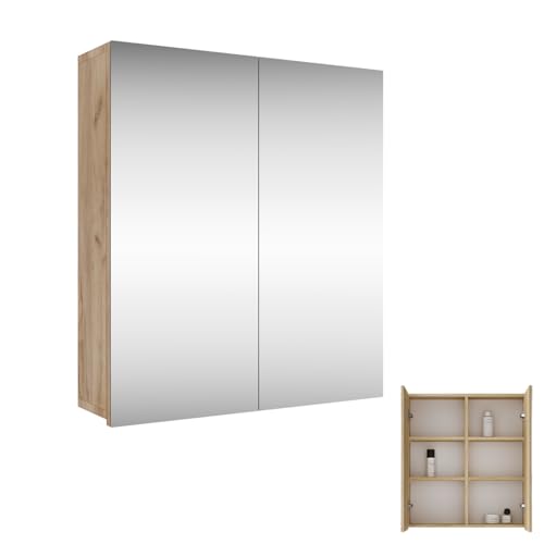 Planetmöbel Merkur Spiegelschrank Bad 60 cm breit | Badschrank hängend mit Spiegel | Gold Eiche, ohne Leuchte, Spiegelschrank Gäste WC 60x67 x 16 cm von Planetmöbel