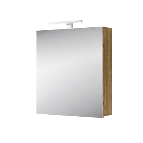 Planetmöbel Merkur Spiegelschrank Bad mit Beleuchtung 60 cm breit | Badschrank hängend mit Spiegel | Matt-Schwarz LED Beleuchtung | Artizan Eiche von Planetmöbel