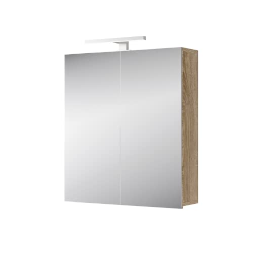 Planetmöbel Merkur Spiegelschrank Bad mit Beleuchtung 60 cm breit | Badschrank hängend mit Spiegel | Matt-Schwarz LED Beleuchtung | Sonoma Eiche von Planetmöbel