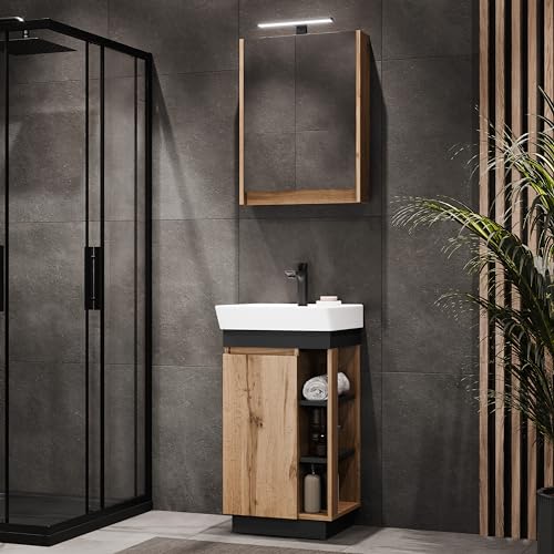 Planetmöbel Nyx Waschtisch mit Unterschrank 45cm mit Spiegelschrank (inkl. LED) & Armatur in schwarz, Badmöbelset für Badezimmer in Wotan Eiche/Anthrazit von Planetmöbel