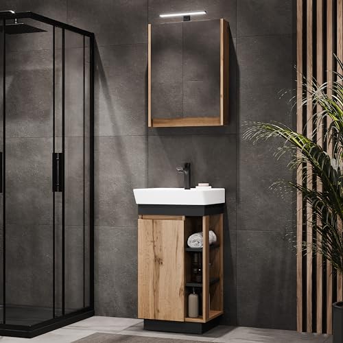 Planetmöbel Nyx Badmöbel Set 2-teilig Waschtisch mit Unterschrank 50 x 85,9 x 42 cm Wotan Eiche/Anthrazit inkl. Spiegelschrank 50 x 65 x 11,4 cm mit LED Aufbauleuchte von Planetmöbel