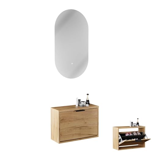Planetmöbel Schuhschrank schmal inkl. ovaler Spiegel mit Beleuchtung (2 Lichtstufen), Schuhkommode mit 1 Klappe Schuhregal mit 2 Ablagen, Garderobe Set, 60 x 23 x 42,5 cm, Gold Eiche von Planetmöbel