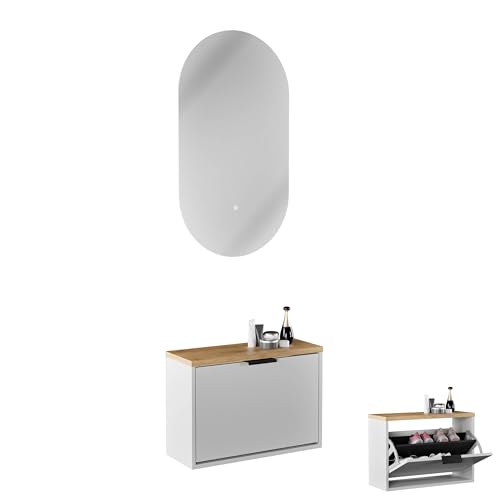 Planetmöbel Schuhschrank schmal inkl. ovaler Spiegel mit Beleuchtung (2 Lichtstufen), Schuhkommode mit 1 Klappe Schuhregal mit 2 Ablagen, Garderobe Set, 60 x 23 x 42,5 cm, weiß grau von Planetmöbel