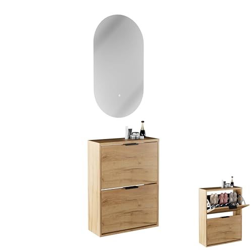 Planetmöbel Schuhschrank schmal inkl. ovaler Spiegel mit Beleuchtung (2 Lichtstufen), Schuhkommode mit 2 Klappen Schuhregal mit 4 Ablagen, Garderobe Set, 60 x 23 x 80,5 cm, Gold Eiche von Planetmöbel