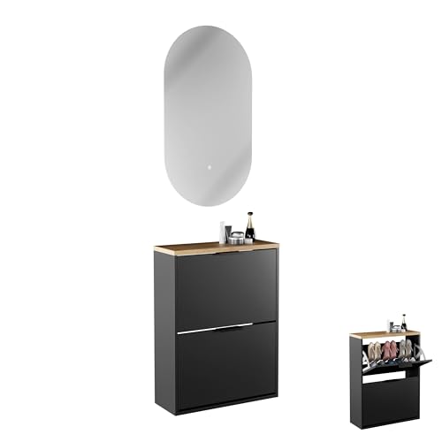 Planetmöbel Schuhschrank schmal inkl. ovaler Spiegel mit Beleuchtung (2 Lichtstufen), Schuhkommode mit 2 Klappen Schuhregal mit 4 Ablagen, Garderobe Set, 60 x 23 x 80,5 cm, schwarz von Planetmöbel