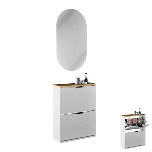 Planetmöbel Schuhschrank schmal inkl. ovaler Spiegel mit Beleuchtung (2 Lichtstufen), Schuhkommode mit 2 Klappen Schuhregal mit 4 Ablagen, Garderobe Set, 60 x 23 x 80,5 cm, weiß grau von Planetmöbel