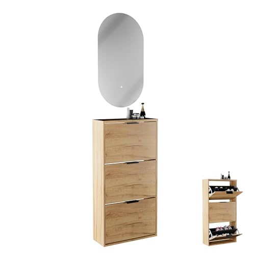 Planetmöbel Schuhschrank schmal inkl. ovaler Spiegel mit Beleuchtung (2 Lichtstufen), Schuhkommode mit 3 Klappen Schuhregal mit 6 Ablagen, Garderobe Set, 60 x 23 x 118 cm, Gold Eiche von Planetmöbel