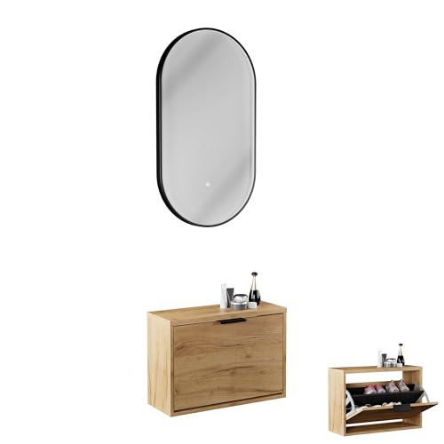 Planetmöbel Schuhschrank schmal inkl. ovaler Spiegel mit Beleuchtung (3 Lichtstufen), Schuhkommode mit 1 Klappe Schuhregal mit 2 Ablagen, Garderobe Set, 60 x 23 x 42,5 cm, Gold Eiche von Planetmöbel