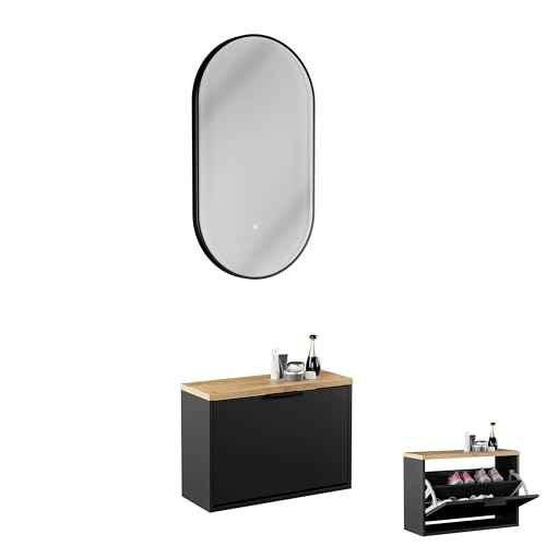 Planetmöbel Schuhschrank schmal inkl. ovaler Spiegel mit Beleuchtung (3 Lichtstufen), Schuhkommode mit 1 Klappe Schuhregal mit 2 Ablagen, Garderobe Set, 60 x 23 x 42,5 cm, schwarz von Planetmöbel