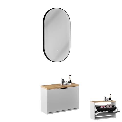 Planetmöbel Schuhschrank schmal inkl. ovaler Spiegel mit Beleuchtung (3 Lichtstufen), Schuhkommode mit 1 Klappe Schuhregal mit 2 Ablagen, Garderobe Set, 60 x 23 x 42,5 cm, weiß grau von Planetmöbel