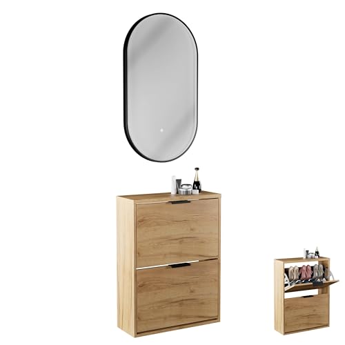 Planetmöbel Schuhschrank schmal inkl. ovaler Spiegel mit Beleuchtung (3 Lichtstufen), Schuhkommode mit 2 Klappen Schuhregal mit 4 Ablagen, Garderobe Set, 60 x 23 x 80,5 cm, Gold Eiche von Planetmöbel
