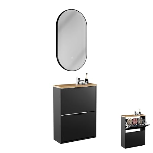 Planetmöbel Schuhschrank schmal inkl. ovaler Spiegel mit Beleuchtung (3 Lichtstufen), Schuhkommode mit 2 Klappen Schuhregal mit 4 Ablagen, Garderobe Set, 60 x 23 x 80,5 cm, schwarz von Planetmöbel