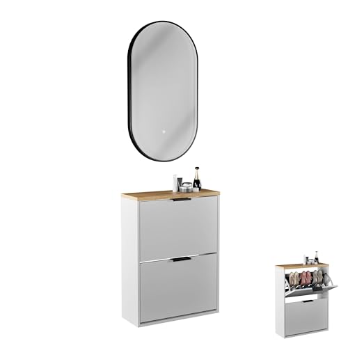 Planetmöbel Schuhschrank schmal inkl. ovaler Spiegel mit Beleuchtung (3 Lichtstufen), Schuhkommode mit 2 Klappen Schuhregal mit 4 Ablagen, Garderobe Set, 60 x 23 x 80,5 cm, weiß grau von Planetmöbel