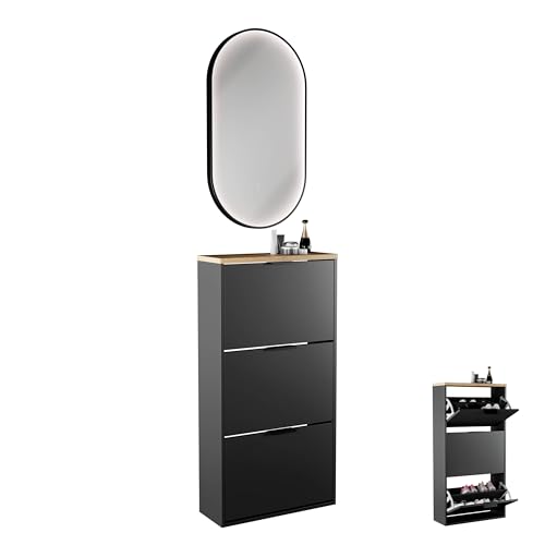 Planetmöbel Schuhschrank schmal inkl. ovaler Spiegel mit Beleuchtung (3 Lichtstufen), Schuhkommode mit 3 Klappen Schuhregal mit 6 Ablagen, Garderobe Set, 60 x 23 x118 cm, schwarz von Planetmöbel