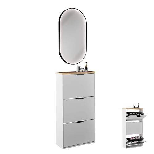 Planetmöbel Schuhschrank schmal inkl. ovaler Spiegel mit Beleuchtung (3 Lichtstufen), Schuhkommode mit 3 Klappen Schuhregal mit 6 Ablagen, Garderobe Set, 60 x 23 x118 cm, weiß grau von Planetmöbel