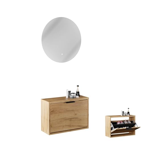 Planetmöbel Schuhschrank schmal inkl. runder Spiegel mit Beleuchtung 60 cm (2 Lichtstufen) Schuhkommode mit 1 Klappe Schuhregal mit 2 Ablagen, Garderobe Set, 60 x 23 x 42,5 cm, Gold Eiche von Planetmöbel