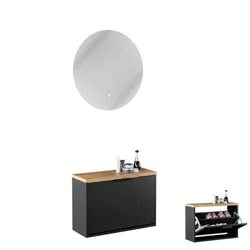 Planetmöbel Schuhschrank schmal inkl. runder Spiegel mit Beleuchtung 60 cm (2 Lichtstufen) Schuhkommode mit 1 Klappe Schuhregal mit 2 Ablagen, Garderobe Set, 60 x 23 x 42,5 cm, schwarz von Planetmöbel