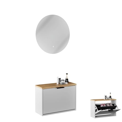 Planetmöbel Schuhschrank schmal inkl. runder Spiegel mit Beleuchtung 60 cm (2 Lichtstufen) Schuhkommode mit 1 Klappe Schuhregal mit 2 Ablagen, Garderobe Set, 60 x 23 x 42,5 cm, weiß grau von Planetmöbel