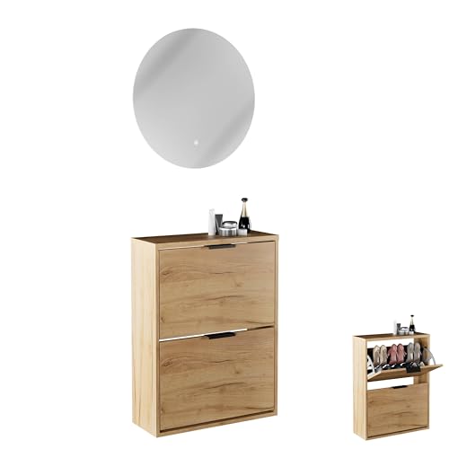 Planetmöbel Schuhschrank schmal inkl. runder Spiegel mit Beleuchtung 60 cm (2 Lichtstufen) Schuhkommode mit 2 Klappen Schuhregal mit 4 Ablagen, Garderobe Set, 60 x 23 x 80,5 cm, Gold Eiche von Planetmöbel