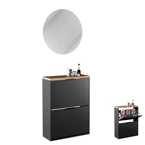Planetmöbel Schuhschrank schmal inkl. runder Spiegel mit Beleuchtung 60 cm (2 Lichtstufen) Schuhkommode mit 2 Klappen Schuhregal mit 4 Ablagen, Garderobe Set, 60 x 23 x 80,5 cm, schwarz von Planetmöbel