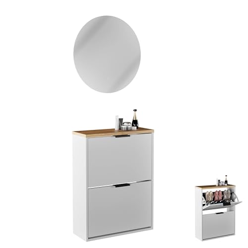 Planetmöbel Schuhschrank schmal inkl. runder Spiegel mit Beleuchtung 60 cm (2 Lichtstufen) Schuhkommode mit 2 Klappen Schuhregal mit 4 Ablagen, Garderobe Set, 60 x 23 x 80,5 cm, weiß grau von Planetmöbel