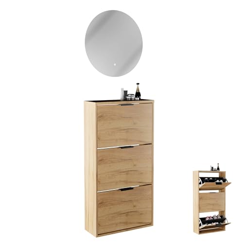 Planetmöbel Schuhschrank schmal inkl. runder Spiegel mit Beleuchtung 60 cm (2 Lichtstufen) Schuhkommode mit 3 Klappen Schuhregal mit 6 Ablagen, Garderobe Set, 60 x 23 x 118 cm, Gold Eiche von Planetmöbel