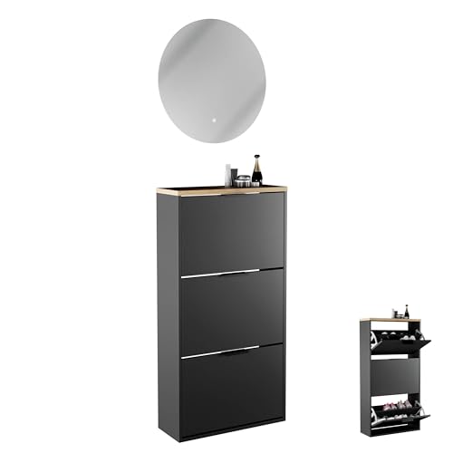 Planetmöbel Schuhschrank schmal inkl. runder Spiegel mit Beleuchtung 60 cm (2 Lichtstufen) Schuhkommode mit 3 Klappen Schuhregal mit 6 Ablagen, Garderobe Set, 60 x 23 x 118 cm, schwarz von Planetmöbel