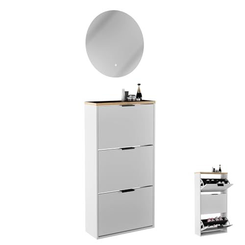 Planetmöbel Schuhschrank schmal inkl. runder Spiegel mit Beleuchtung 60 cm (2 Lichtstufen) Schuhkommode mit 3 Klappen Schuhregal mit 6 Ablagen, Garderobe Set, 60 x 23 x 118 cm, weiß grau von Planetmöbel