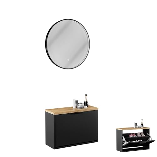 Planetmöbel Schuhschrank schmal inkl. runder Spiegel mit Beleuchtung 60 cm (3 Lichtstufen) Schuhkommode mit 1 Klappe Schuhregal mit 2 Ablagen, Garderobe Set, 60 x 23 x 42,5 cm, schwarz von Planetmöbel