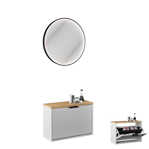 Planetmöbel Schuhschrank schmal inkl. runder Spiegel mit Beleuchtung 60 cm (3 Lichtstufen) Schuhkommode mit 1 Klappe Schuhregal mit 2 Ablagen, Garderobe Set, 60 x 23 x 42,5 cm, weiß grau von Planetmöbel