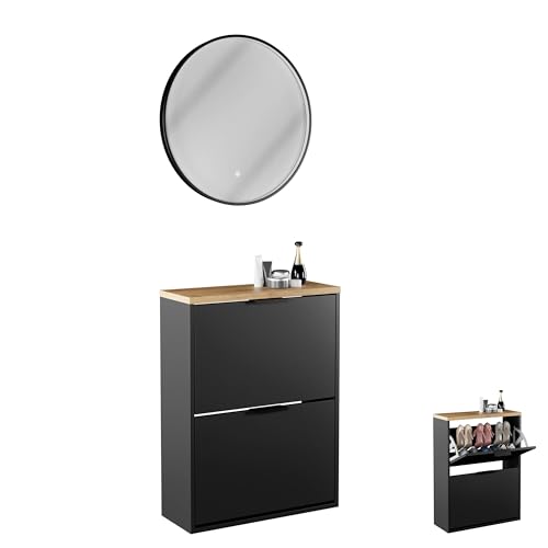 Planetmöbel Schuhschrank schmal inkl. runder Spiegel mit Beleuchtung 60 cm (3 Lichtstufen) Schuhkommode mit 2 Klappen Schuhregal mit 4 Ablagen, Garderobe Set, 60 x 23 x 80,5 cm, schwarz von Planetmöbel