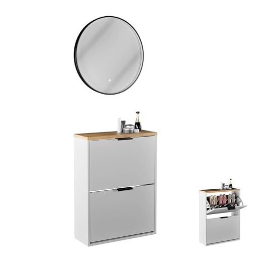 Planetmöbel Schuhschrank schmal inkl. runder Spiegel mit Beleuchtung 60 cm (3 Lichtstufen) Schuhkommode mit 2 Klappen Schuhregal mit 4 Ablagen, Garderobe Set, 60 x 23 x 80,5 cm, weiß grau von Planetmöbel