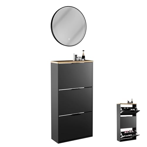 Planetmöbel Schuhschrank schmal inkl. runder Spiegel mit Beleuchtung 60 cm (3 Lichtstufen) Schuhkommode mit 3 Klappen Schuhregal mit 6 Ablagen, Garderobe Set, 60 x 23 x 118 cm, schwarz von Planetmöbel
