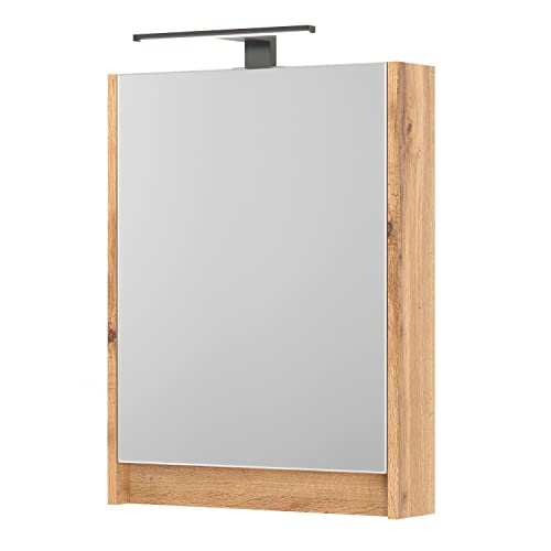 Planetmöbel Spiegelschrank Bad mit Beleuchtung 50 x 65 x 11,4 cm, Wotan Eiche, Badezimmerschrank mit Spiegel und LED Aufbauleuchte von Planetmöbel