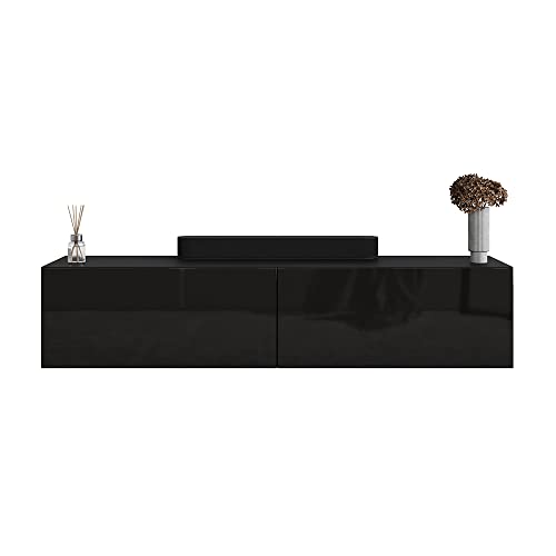 Planetmöbel TV Board 140 cm Schwarz, TV Schrank mit 2 Klappen als Stauraum, Lowboard hängend oder stehend, Sideboard Wohnzimmer von Planetmöbel