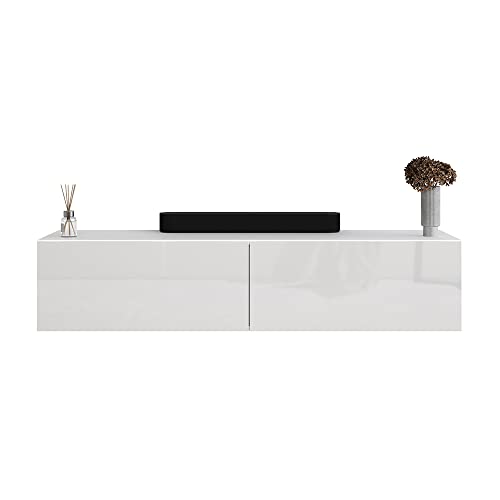 Planetmöbel TV Board 140 cm Weiß, TV Schrank mit 2 Klappen als Stauraum, Lowboard hängend oder stehend, Sideboard Wohnzimmer von Planetmöbel