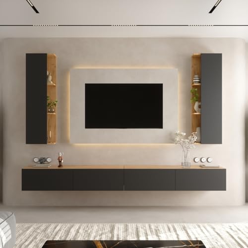 Planetmöbel TV-Schrank, Fernsehtisch 280 cm lang, 2X TV-Schrank 40 x 130 x 17 cm hängend, Fernsehschrank für Wohnzimmer, 2X TV Lowboard 140 x 30 x 37,8 cm, Gold Eiche Anthrazit von Planetmöbel