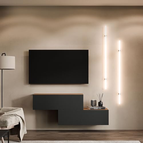 Planetmöbel TV Wohnwand Wohnzimmer 2X 100 cm Gold Eiche/Anthrazit, Modern, TV Schrank mit 2 Klappen als Stauraum, hängend oder stehend von Planetmöbel