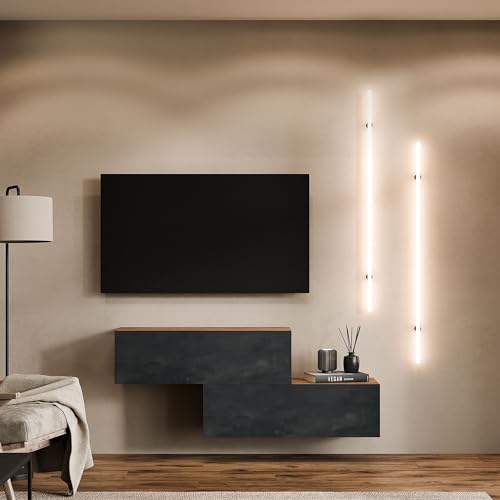 Planetmöbel TV Wohnwand Wohnzimmer 2X 100 cm Gold Eiche/Schwarz Charcoal, Modern, TV Schrank mit 2 Klappen als Stauraum, hängend oder stehend von Planetmöbel