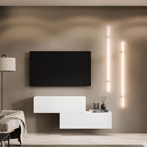 Planetmöbel TV Wohnwand Wohnzimmer 2X 100 cm Weiß, Modern, TV Schrank mit 2 Klappen als Stauraum, hängend oder stehend von Planetmöbel