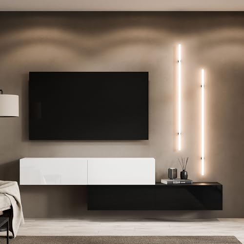 Planetmöbel TV Wohnwand Wohnzimmer 2X 140 cm Schwarz/Weiß, Modern, TV Schrank mit 2 Klappen als Stauraum, hängend oder stehend von Planetmöbel