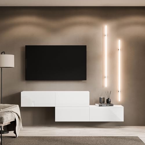 Planetmöbel TV Wohnwand Wohnzimmer 2X 140 cm Weiß, Modern, TV Schrank mit 2 Klappen als Stauraum, hängend oder stehend von Planetmöbel