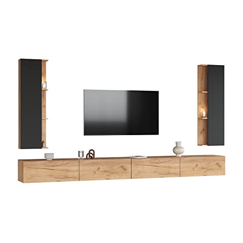 Planetmöbel TV Wohnwand Wohnzimmer 2X 160 cm Gold Eiche, mit 2X 40cm Seitenschränken Gold Eiche/Anthrazit von Planetmöbel