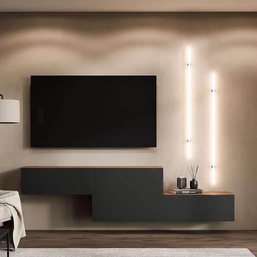 Planetmöbel TV Wohnwand Wohnzimmer 2X 160 cm Gold Eiche/Anthrazit, Modern, TV Schrank mit 2 Klappen als Stauraum, hängend oder stehend von Planetmöbel