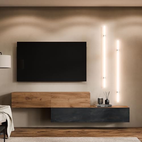 Planetmöbel TV Wohnwand Wohnzimmer 2X 160 cm Gold Eiche/Anthrazit, Modern, Schrank mit 2 Klappen als Stauraum, hängend oder stehend von Planetmöbel