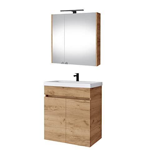 Planetmöbel Waschbeckenunterschrank 64cm mit Keramikwaschbecken, Spiegelschrank mit LED Leuchte, Moderne Badmöbel in Gold Eiche von Planetmöbel