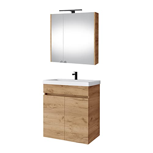 Planetmöbel Waschbecken mit Unterschrank inkl. Keramikwaschbecken 63 x 60 x 36,5 cm, Spiegelschrank 60 cm mit LED-Leuchte (schwarz matt) & Steckdose, modernes Badmöbel Set, Gold Eiche von Planetmöbel